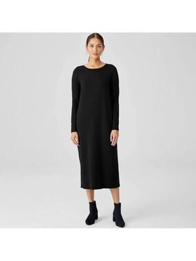 Eileen Fisher Black Long Sleeve Crewneck Shift Dress Women's Size L